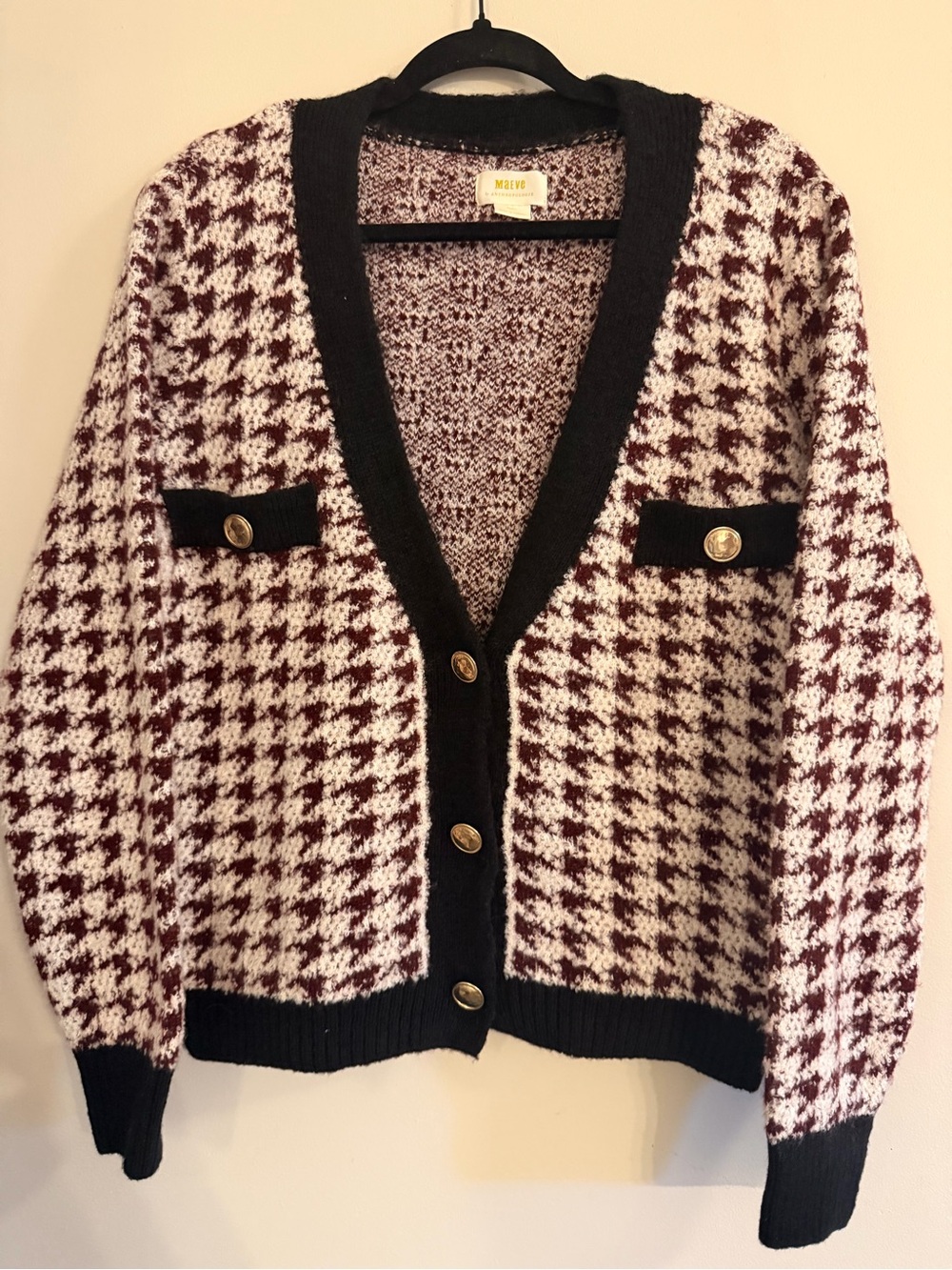 Anthropologie Burgundy & Cream Houndstooth Cardigan with Black Trim
